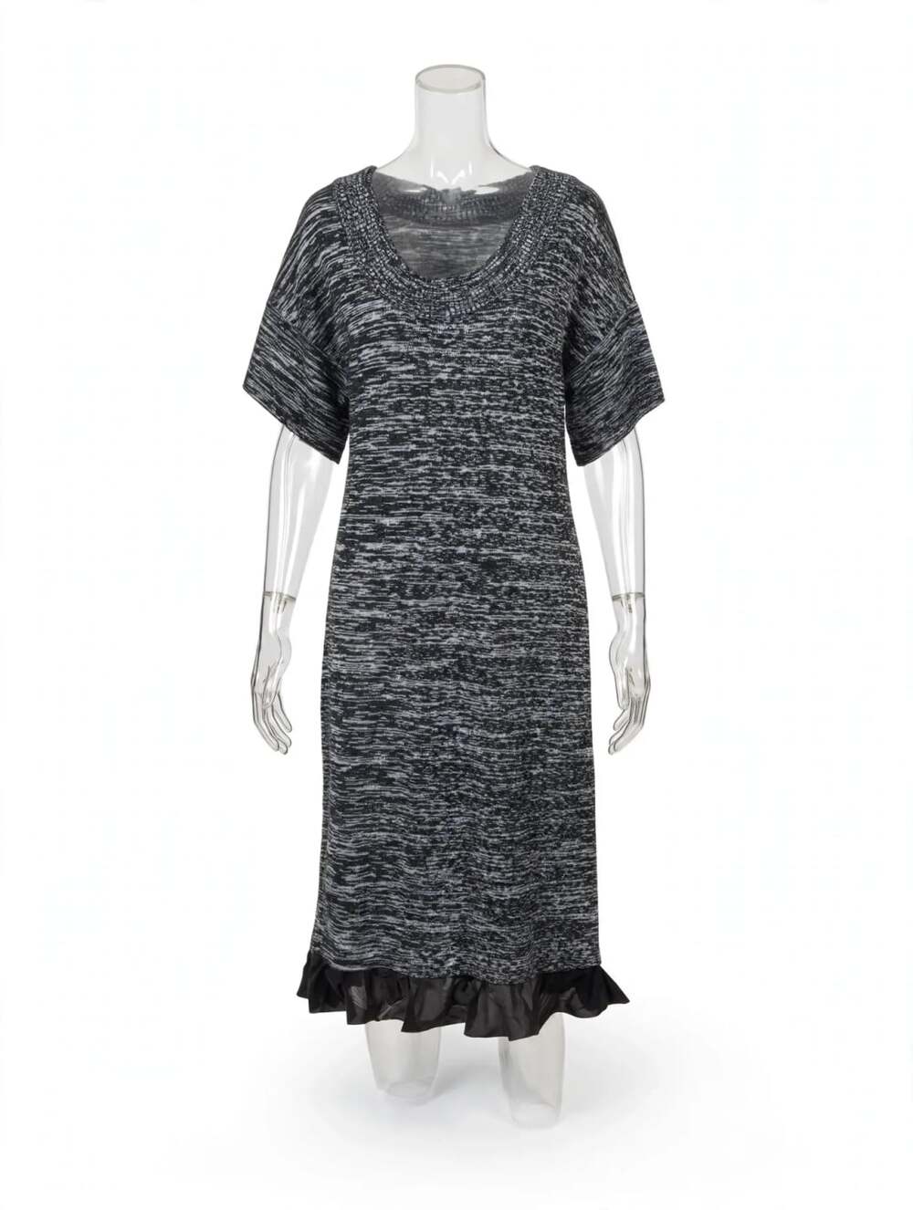 Calvin Klein Heather Gray Marled Knit Dress w/ Black Sheer Ruffle Hem - Unmarked